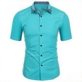 Türkises Herren-Kurzarmhemd mit blauem Karokragen und moderner schmaler Passform - S / Himmelblau