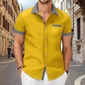 Camicia da uomo gialla a maniche corte con inserti pied-de-poule su colletto e tasca - S / Patchwork Pied-de-Poule / Giallo