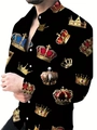 Camisa de hombre de corte entallado con estampado de coronas doradas en tela negra - S / Estampado de Corona de Lujo (ACS210)