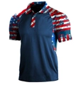 Detail of US flag print on sleeves and collar of navy blue 3D camo polo shirt - 3XL / Tops / Navy Blue (HJ-1225-J2)