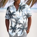 Detailed view of lightweight men's summer shirt with blue palm tree print and lapel - S / Blue White Palm Tree