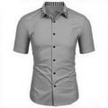 Detail shot of men's casual grey shirt showing the stylish plaid collar trim and buttons - S / Gray