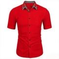 Detail view of the red slim fit shirt collar with black and white plaid inner lining - S / Red