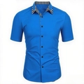 Detail of blue men's short sleeve shirt showing checkered collar lining and black buttons - S / Blue