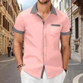 Detail of pink men's shirt with houndstooth trim on collar, pocket and sleeves - S / Tops / Pink