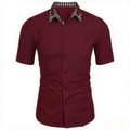 Detail of burgundy slim fit shirt showing dual-layer collar with black and white plaid inner - S / Burgundy