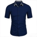 Detail of navy blue short sleeve shirt with plaid collar lining and button-up front - S / Navy Blue