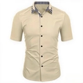Detailed view of dual-layer collar with blue plaid lining on men khaki short sleeve shirt - S / Khaki