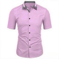 Detail of light purple men's short sleeve shirt showing checkered collar and black buttons - S / Purple