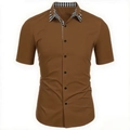 Close-up of men's brown short sleeve shirt featuring a stylish plaid拼接 collar detail - S / Brown