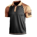 Detail of men's color-block polo shirt featuring brown sleeves with star and stripe pattern - 3XL / Tops / Black/Tan (HJ-1225-J14)