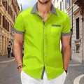 Detail of men's fluorescent green shirt with houndstooth patchwork on collar and pocket - S / Tops / Fluorescent Green
