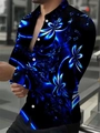 Slim fit men's long sleeve shirt featuring a striking black and neon blue 3D floral print - S / Bright Blue 3D Visual Floral Top (ACS215)