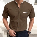 Detail of mandarin collar and chest pocket with white stitching on brown short sleeve shirt - S / Brown