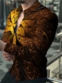 Men's slim fit long sleeve shirt featuring gold fractal digital print and lapel collar - S / Golden Yellow and Brown Textured Top (ACS216)