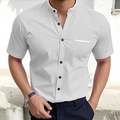 Detail of light grey men's slim-fit shirt with mandarin collar and black buttons - S / Light Gray
