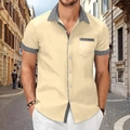 Detail of houndstooth patchwork on the collar and pocket of a men's short sleeve shirt - S / Tops / Khaki