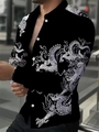 Men's slim long sleeve black shirt featuring a bold white dragon print design - S / Tops / Black and White Dragon Print (ACS217)