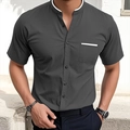 Detail of grey shirt with white piping on mandarin collar and chest pocket - S / Dark Gray