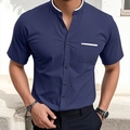 Detail of navy blue short sleeve shirt featuring white piped mandarin collar and chest pocket - S / Navy Blue