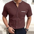 Detail view of the stand-up collar and pocket on dark wine red men's minimalist shirt - S / Burgundy