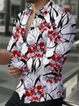Men's slim fit long sleeve shirt with white base and black wave floral print pattern - S / Tops / White with Black and Red Curved Floral (ACS220)
