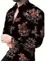 Men's slim fit long sleeve shirt featuring a vibrant red floral print on black fabric - S / Tops / Red Floral and Green Leaf Print (ACS221)