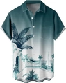Detail of teal gradient men's Hawaiian shirt with tropical palm tree and sailboat print - M / Blue White Gradient Seaside Style (TTCS1028)
