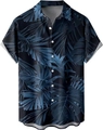Detail of tropical palm leaf print on navy blue short sleeve Hawaiian shirt for men - M / Blue Tropical Broadleaf Style (TTCS1030)