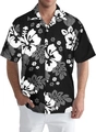Détail de la chemise hawaïenne noire avec imprimés d'hibiscus blancs et col cubain classique - M / Style Hibiscus Blanc Fond Noir (TTCS1036)