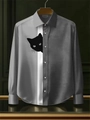 Men's slim long sleeve shirt in grey featuring a creative black cat peering print - S / Tops / Grey Black Cat Print (ACS236)