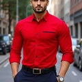 Slim fit long sleeve men's shirt in bright red with black buttons and chest pocket - S / Tops / Red