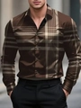 Men's slim fit long sleeve shirt with brown and beige 3D geometric pattern - S / Tops / Brown and Beige Geometric Grid (ACS238)