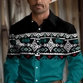 Men's long sleeve shirt featuring ethnic geometric patterns in black and teal color block - S / Tops / Black & Green Ethnic Print (A-141-20)