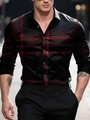 Men's slim fit long sleeve shirt in black with dark red plaid contrast patterns - S / Tops / Black and Red Contrast Grid (ACS239)
