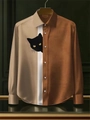Slim fit long sleeve shirt with beige brown color block and cat print design - S / Tops / Color Block Cat Print (ACS240)