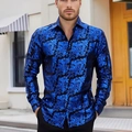Men's slim fit long sleeve shirt featuring royal blue baroque floral pattern on black satin - S / Tops / Royal Blue Baroque Print (A-141-23)