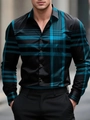 Men's slim-fit long sleeve shirt with teal grid pattern and metallic buttons - S / Tops / Black and Teal Grid (ACS241)