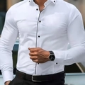 Slim fit white long sleeve shirt with black piping and square buttons for men - S / Tops / White & Black Contrast (A-141-24)