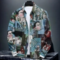 Men's long sleeve shirt featuring artistic Frida Kahlo style collage print in blue - S / Tops / Frida Portrait Print (A-141-26)