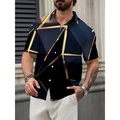 Detailed close-up of dark blue men shirt with golden geometric prints on slim fit fabric - S / Deep Blue Gold Geometric Lines (DZ-33)