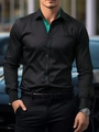 Slim fit black men's shirt with emerald green contrast trim on collar and cuffs - S / Tops / Black with Green Contrast (A-141-32-Black)