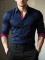 Slim fit navy blue shirt with printed cuffs and collar inner lining for men - S / Tops / Navy Blue (Printed Patchwork) (ACS269)
