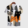 Men's casual short sleeve shirt featuring colorful 3D digital cat print and button-down collar - 4XL / Full Print Multi-Cat Illustration (DZ-02)