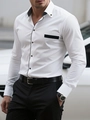 Men's slim fit white long sleeve shirt with black contrast trim and chest detail - S / Tops / White