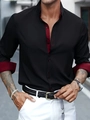 Slim fit black long sleeve shirt for men with deep red satin collar and cuff accents - S / Tops / Black with Red Contrast (A-141-31-Black)