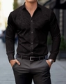 Men's slim fit black long sleeve shirt with baroque damask patterns and lapel collar - S / Tops / Black (BCS260)