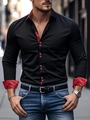Slim fit black long sleeve men's shirt featuring red paisley collar and cuff details - S / Tops / Black (A-141-27)