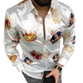 Men's Luxury Baroque Crown Print Long Sleeve Satin Shirt Casual Button Down Collar Top - XS / Tops / HJ18