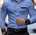 Sky blue long sleeve shirt for men with black contrast collar and cuffs - S / Tops / Blue Black Contrast